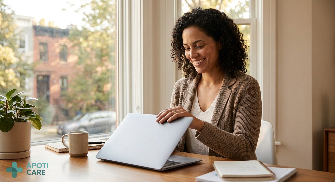 A professional person in their 30s closing a laptop with a look of relief, warm sunset light through a window, modern office environment, focus on the transition to relaxation.