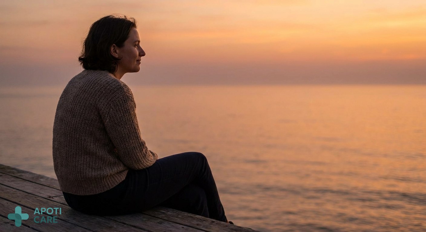 A professional person in their late 30s looking at a sunset over the ocean, looking calm but slightly pensive, realistic photography style, soft warm light