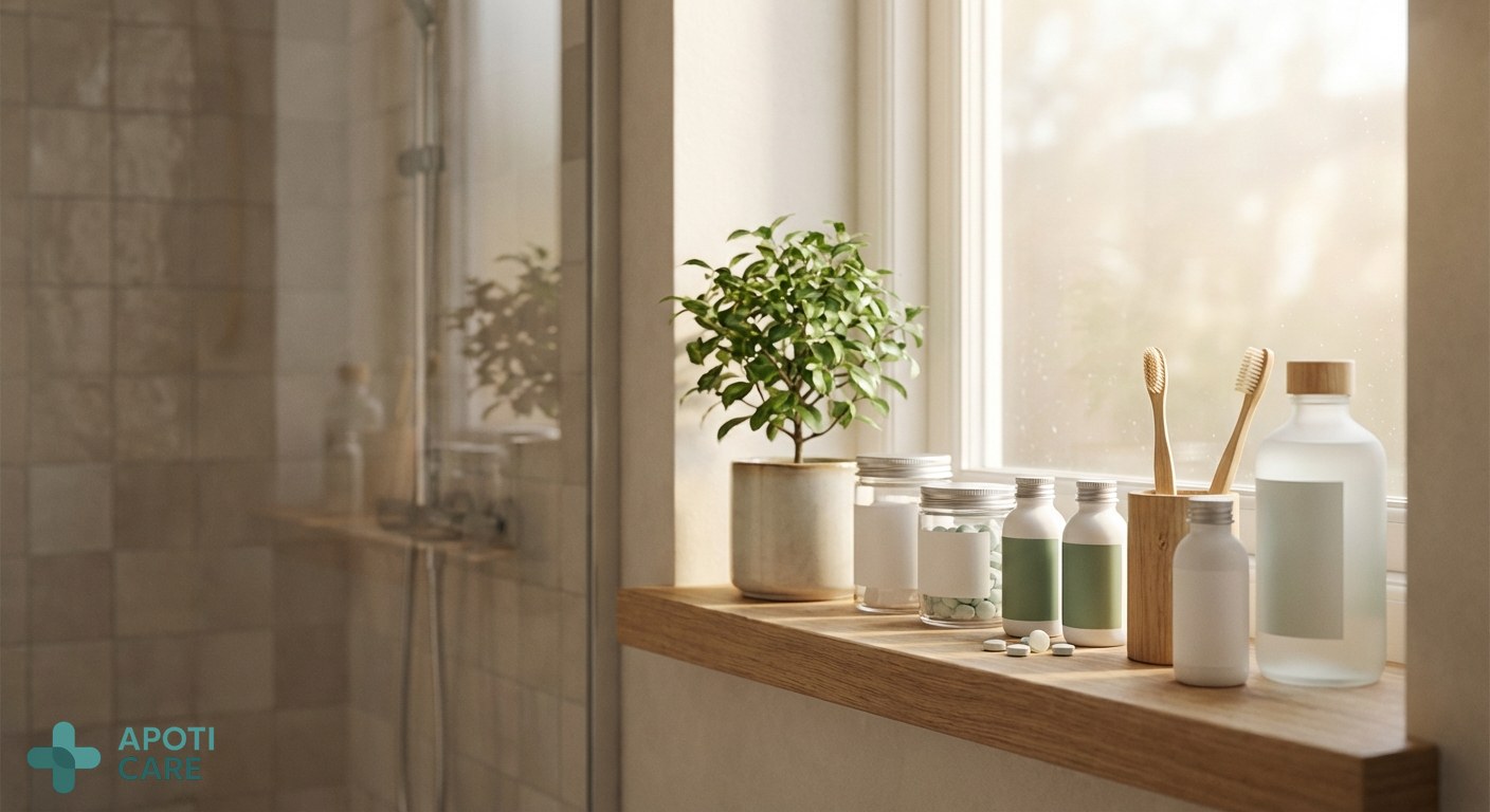 A bright, modern bathroom shelf with a small green plant and professional-grade oral care products, soft morning spring light filtering through a window, realistic photography