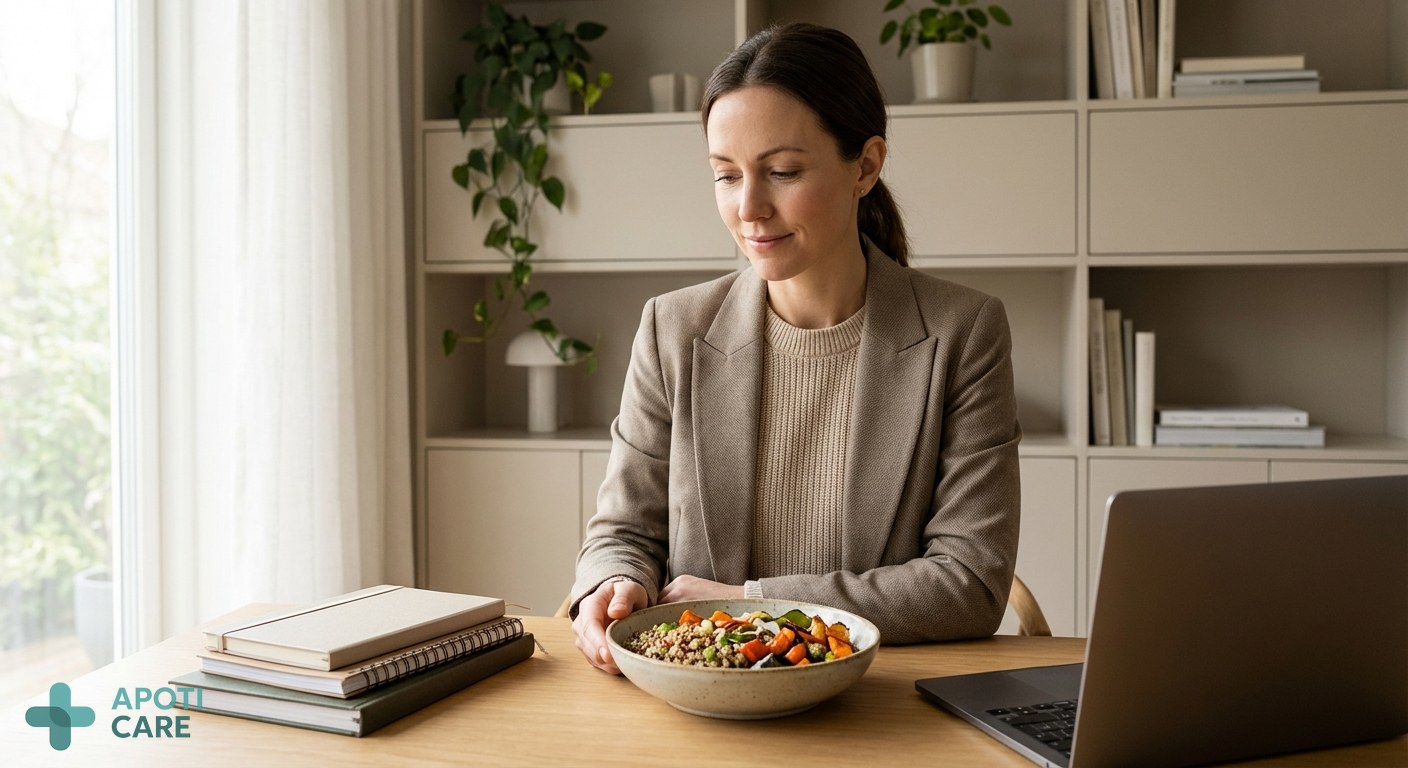 A professional person in their 30s sitting at a modern desk, looking thoughtfully at a healthy bowl of grains and vegetables, soft natural morning light, realistic photography style