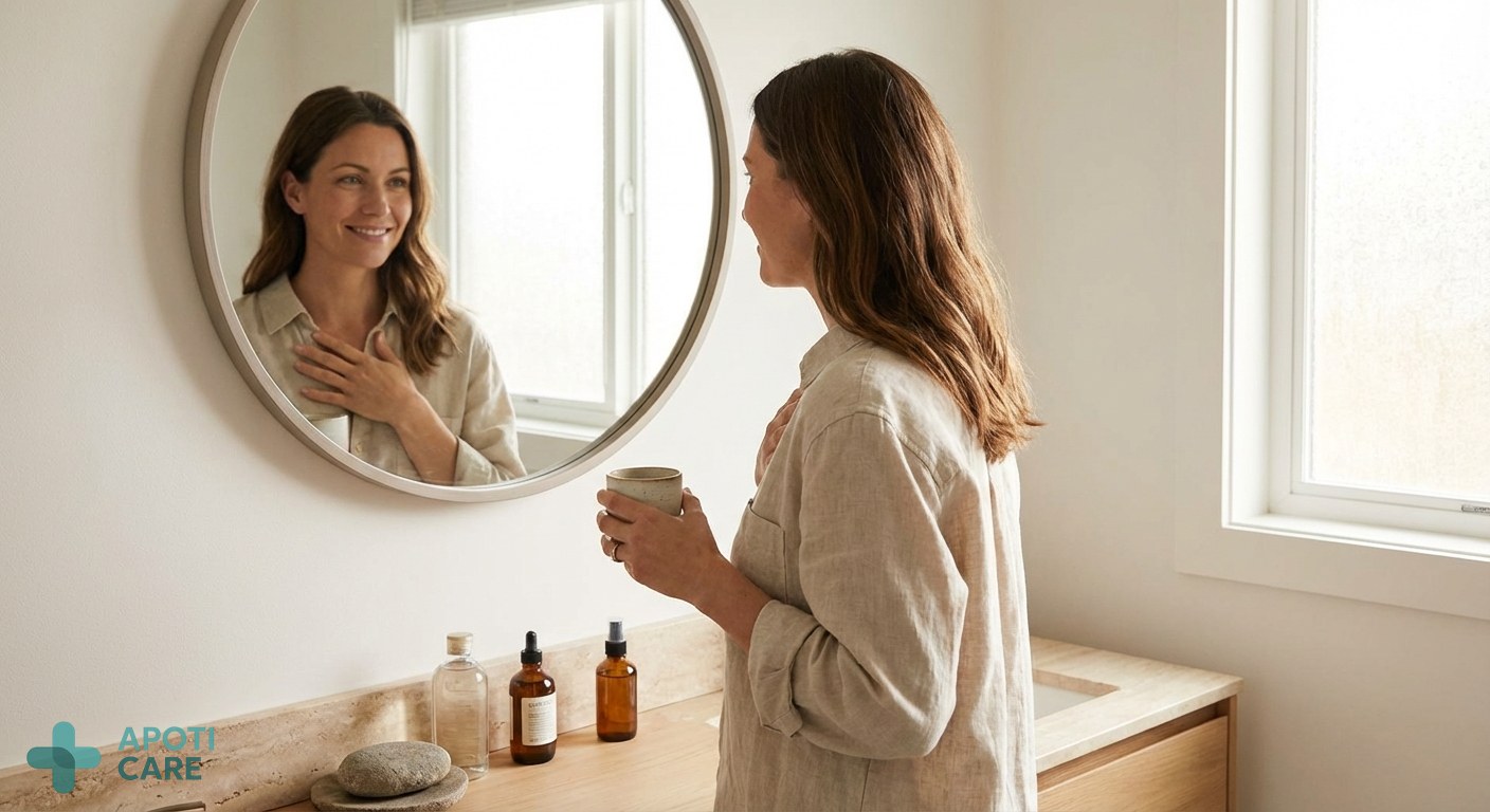 A serene woman in her 30s with healthy hair, reflecting in a bathroom mirror with soft natural light, looking peaceful and empowered.