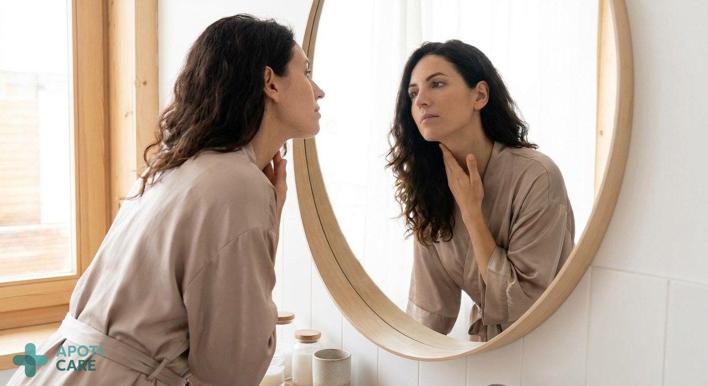 A professional woman in her late 30s looking at her neck in a bathroom mirror, wearing a soft silk robe, morning light, realistic photography style.