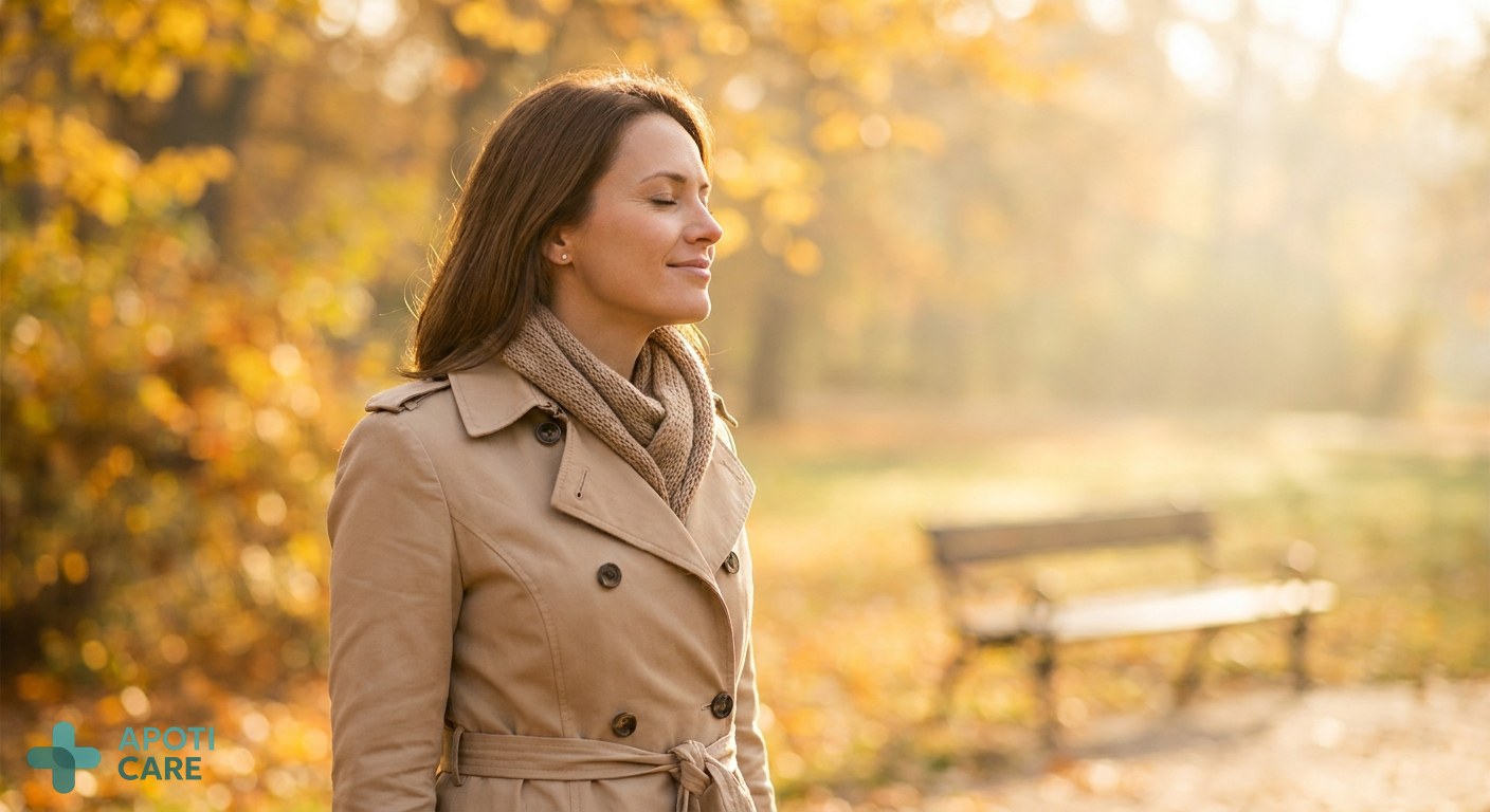 Professional woman in her late 30s standing in a golden autumn park, wearing a cozy beige trench coat, looking serene and breathing deeply, soft morning sunlight, realistic photography