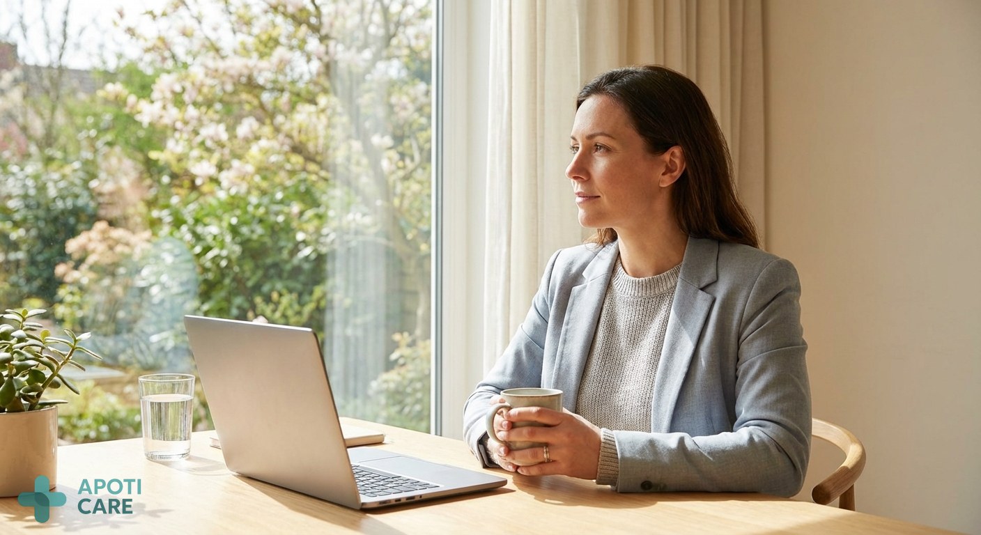 A professional person in their 30s looking thoughtfully out of a window at a spring garden, with a laptop nearby and a glass of water on the desk.