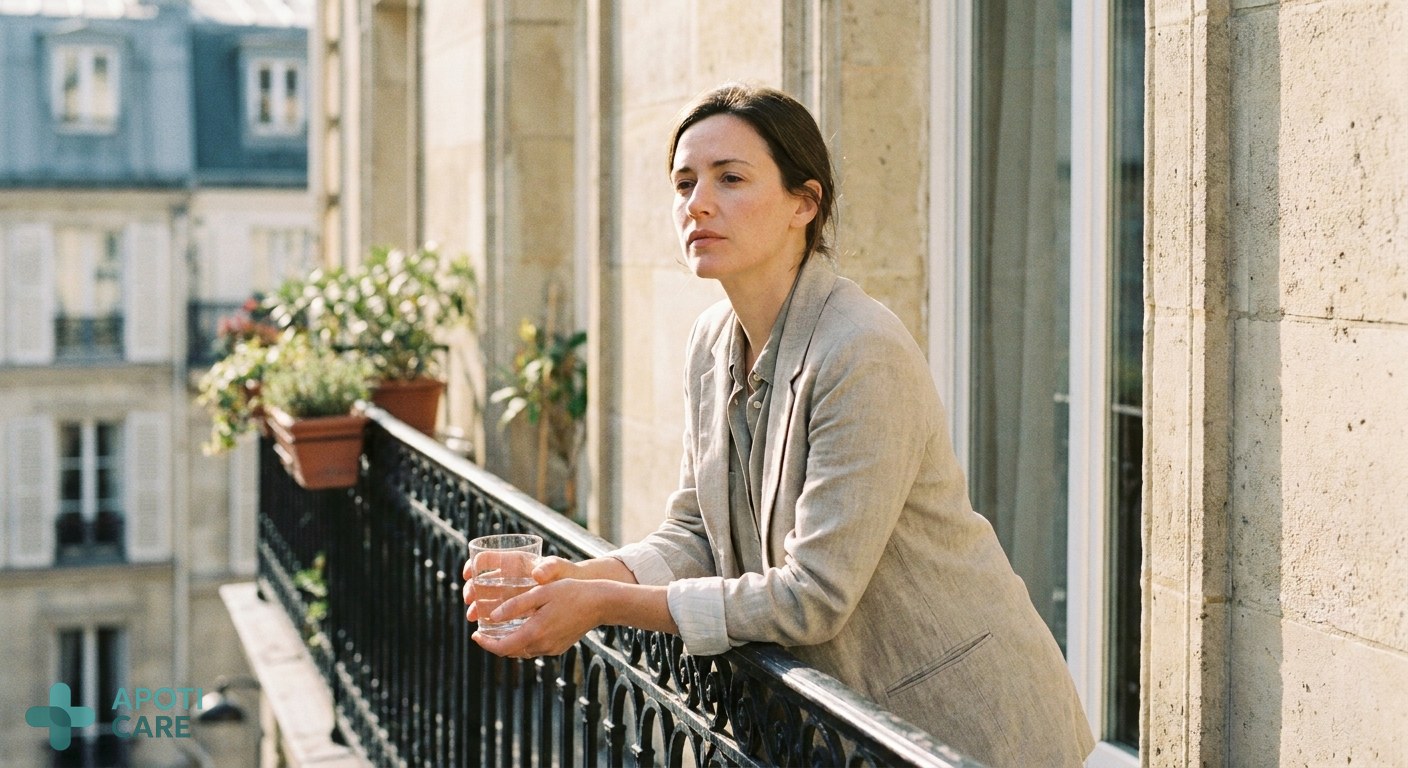 A professional person in their 30s standing on a sunny balcony in a European city, looking slightly tired but enjoying the morning light, holding a glass of water.