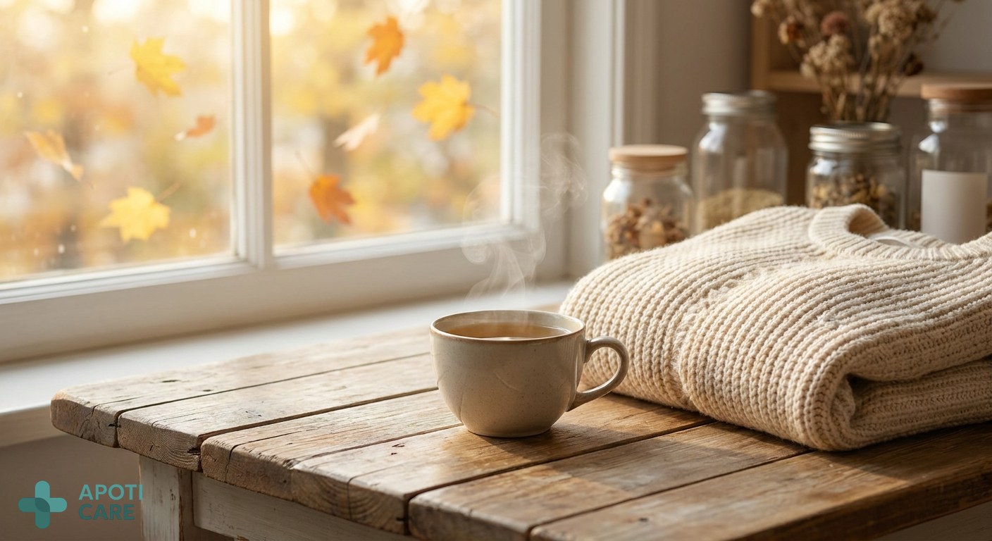 A serene autumn morning scene, a wooden table with a steaming cup of tea, a cozy knit sweater nearby, and soft golden sunlight filtering through a window with falling leaves outside.