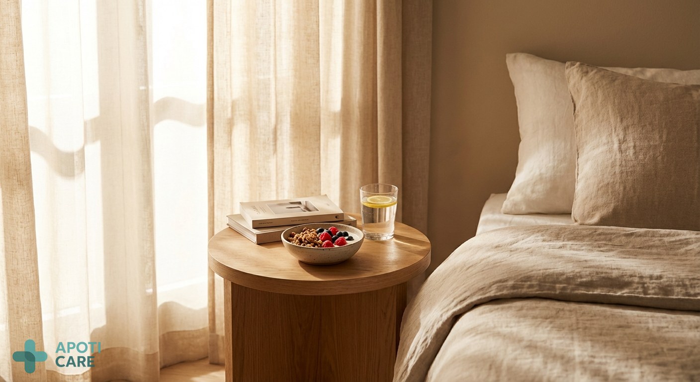 A peaceful bedroom interior during morning golden hour, a glass of water and a healthy bowl of yogurt on a wooden bedside table, soft natural lighting, realistic photography style
