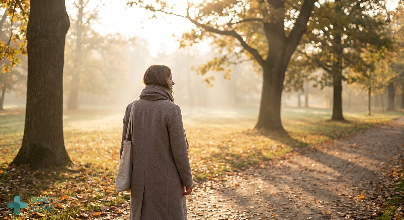 A serene autumn landscape at sunrise with golden light filtering through trees, a person walking peacefully in a park, symbolizing a fresh start and mental clarity.