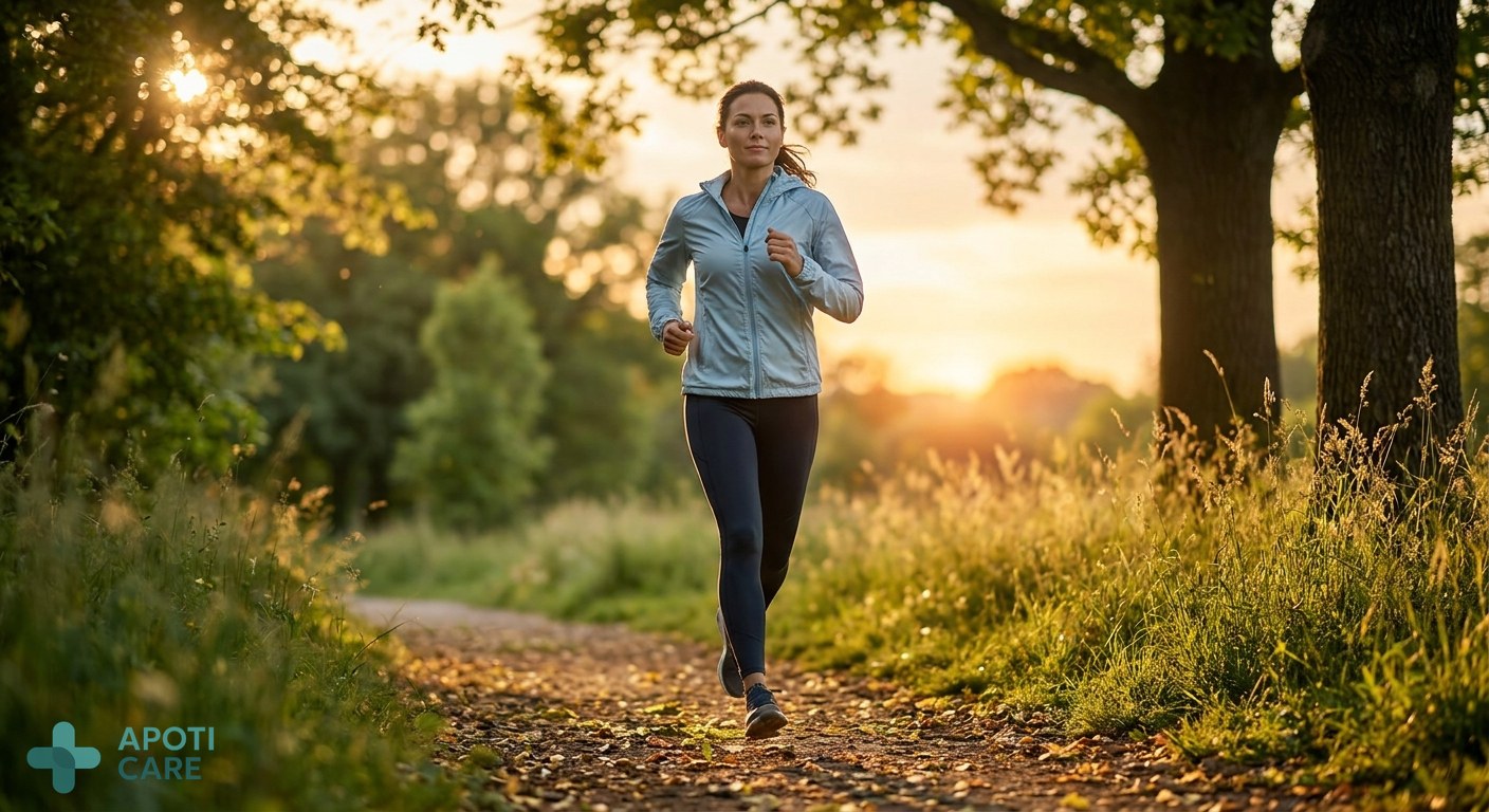 A person running in a green park during a golden hour sunset in June, feeling energized but focused.