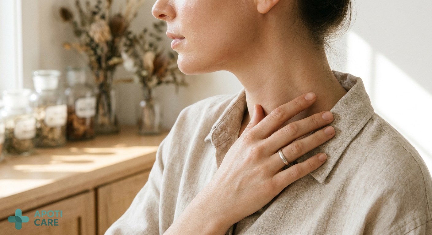 Close-up of a person with healthy, glowing skin on their neck, wearing a professional linen shirt, soft natural spring sunlight, high-end photography style