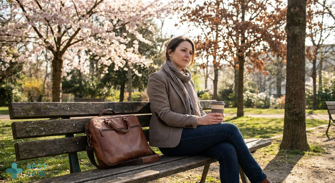 A professional woman in her late 30s sitting on a park bench during a sunny spring day, looking peaceful but slightly tired, with a laptop bag nearby and blooming trees in the background.