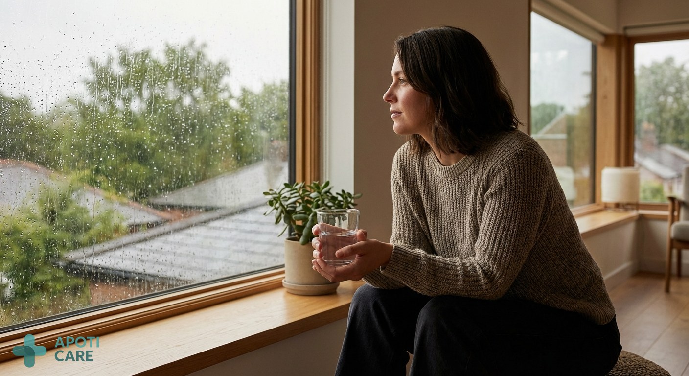 A professional person in their 30s looking out a window at a rainy spring landscape, holding a glass of water, cozy indoor atmosphere, soft natural lighting.