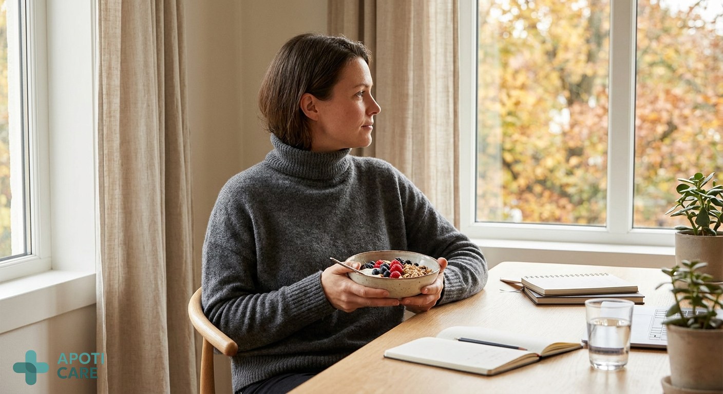 A professional 35-year-old person sitting at a bright office desk with a healthy breakfast bowl and a view of autumn leaves outside, looking calm and focused.