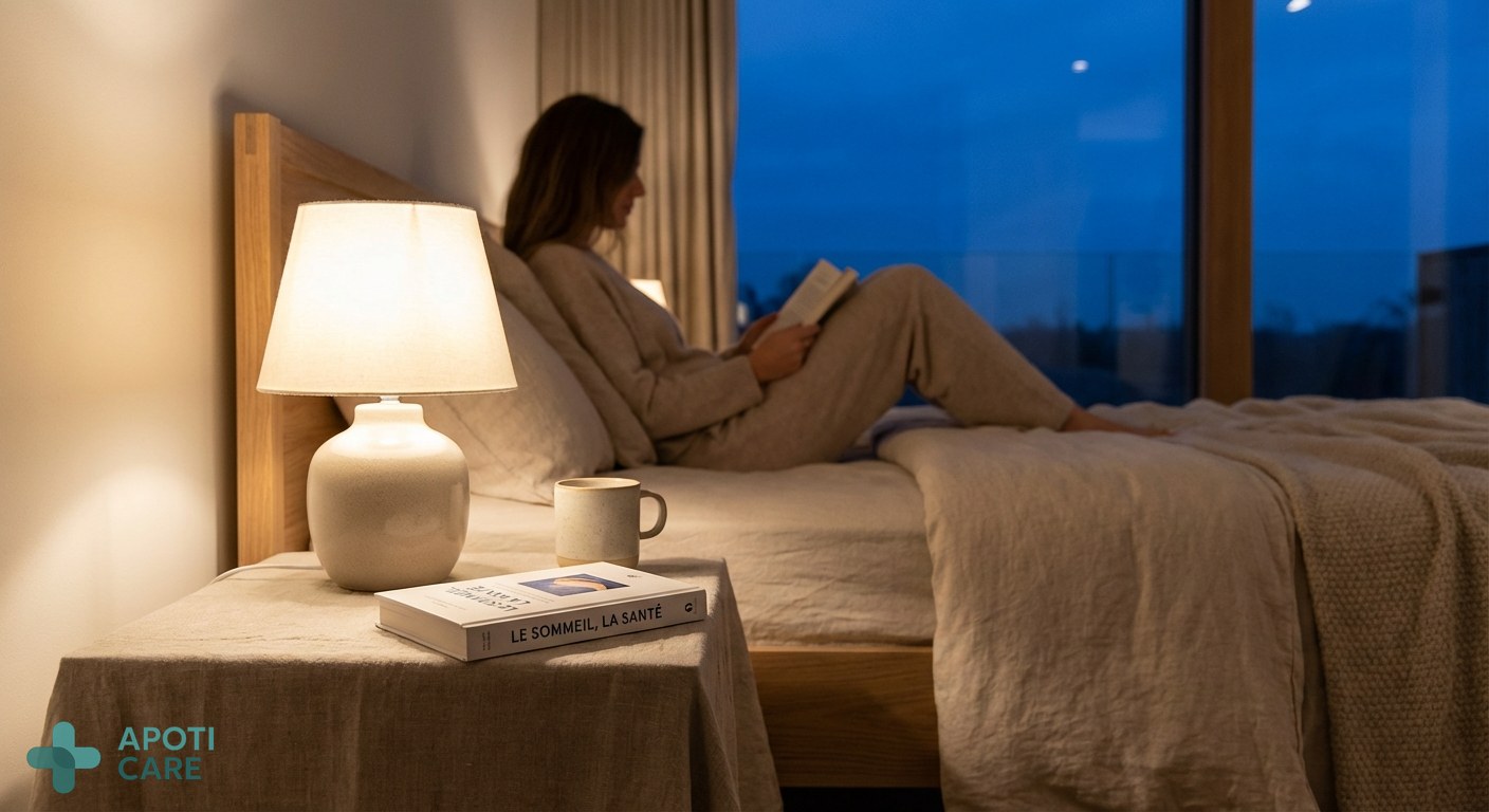 A peaceful, high-end bedroom interior at dusk, soft warm lighting, a book on a linen bedside table, professional and serene atmosphere, realistic photography style