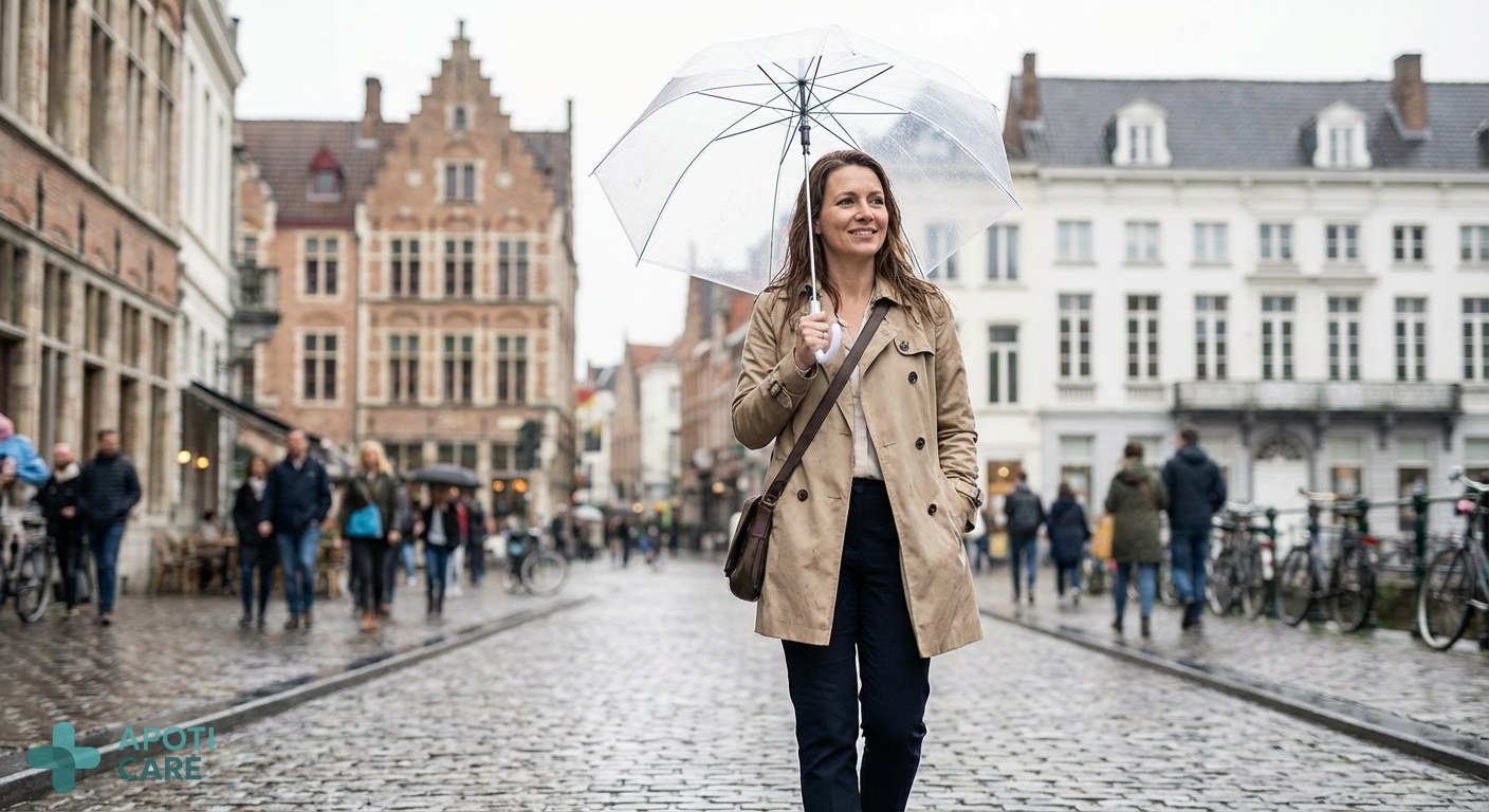 A professional active woman in her late 30s walking in a Belgian city street during a light rain shower, her hair looks healthy and slightly damp, realistic photography style, soft natural lighting