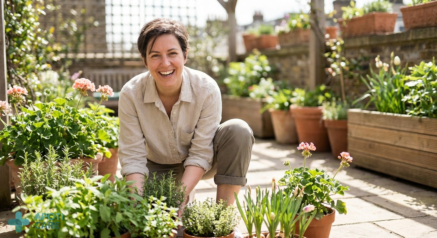 A person in their late 30s, dressed in business-casual attire with sleeves rolled up, joyfully tending to a sunny terrace garden with green plants and spring flowers, realistic photography style, soft natural morning light.