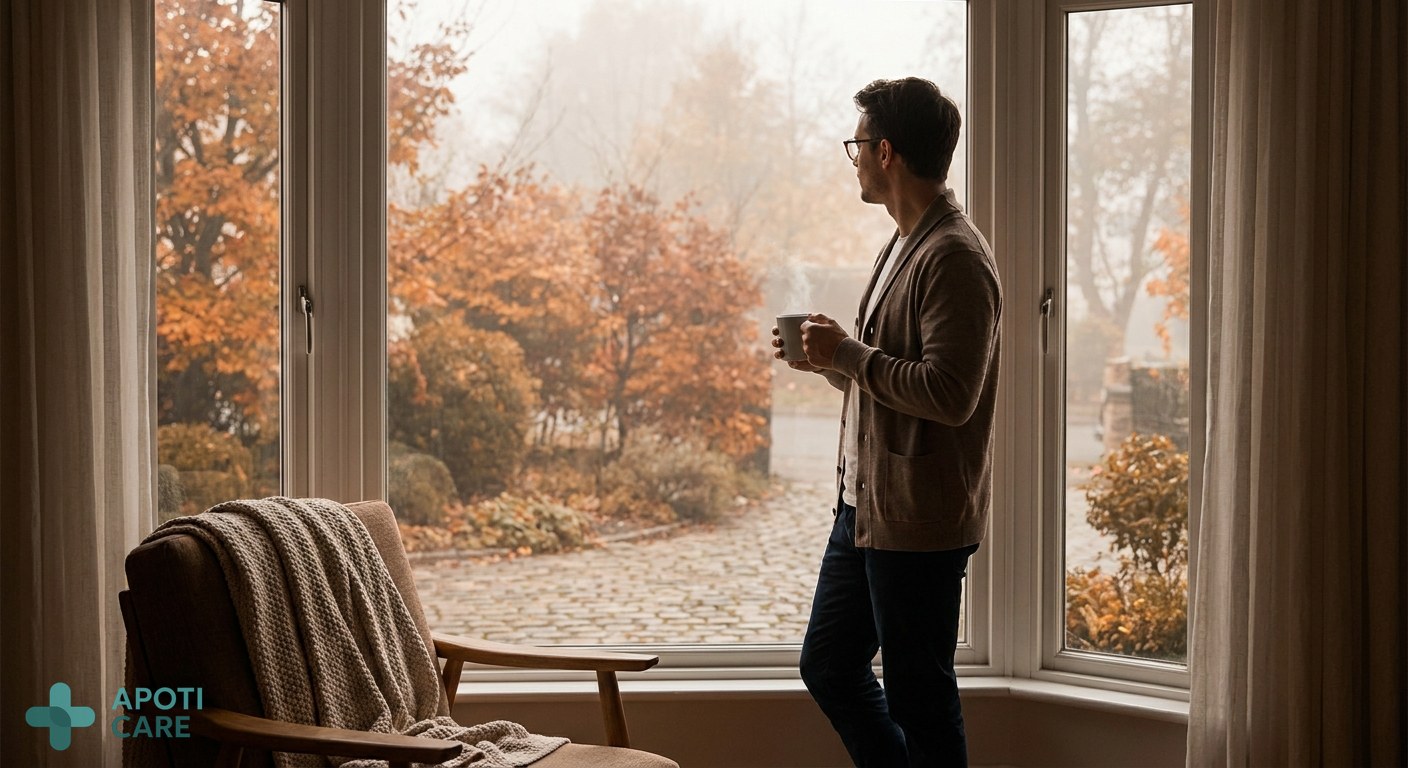 A professional person in their 30s looking out a window at a misty autumn landscape, holding a warm cup of tea, soft indoor lighting, cozy atmosphere.