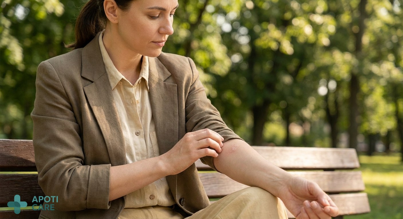 A professional person in their 30s sitting on a park bench during a sunny day, looking relaxed but subtly touching a dry patch of skin on their arm, soft natural lighting, green trees in the background.