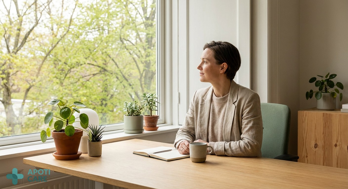 A professional person in their 30s sitting at a clean office desk, looking calmly out of a window at green spring trees, symbolizing a peaceful transition from work to nature.