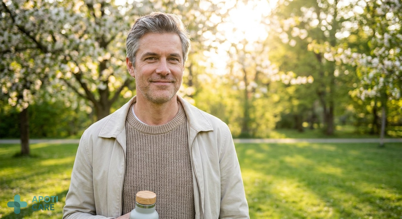 A confident man in his late 40s standing in a sunlit park during spring, looking healthy and serene, realistic photography style