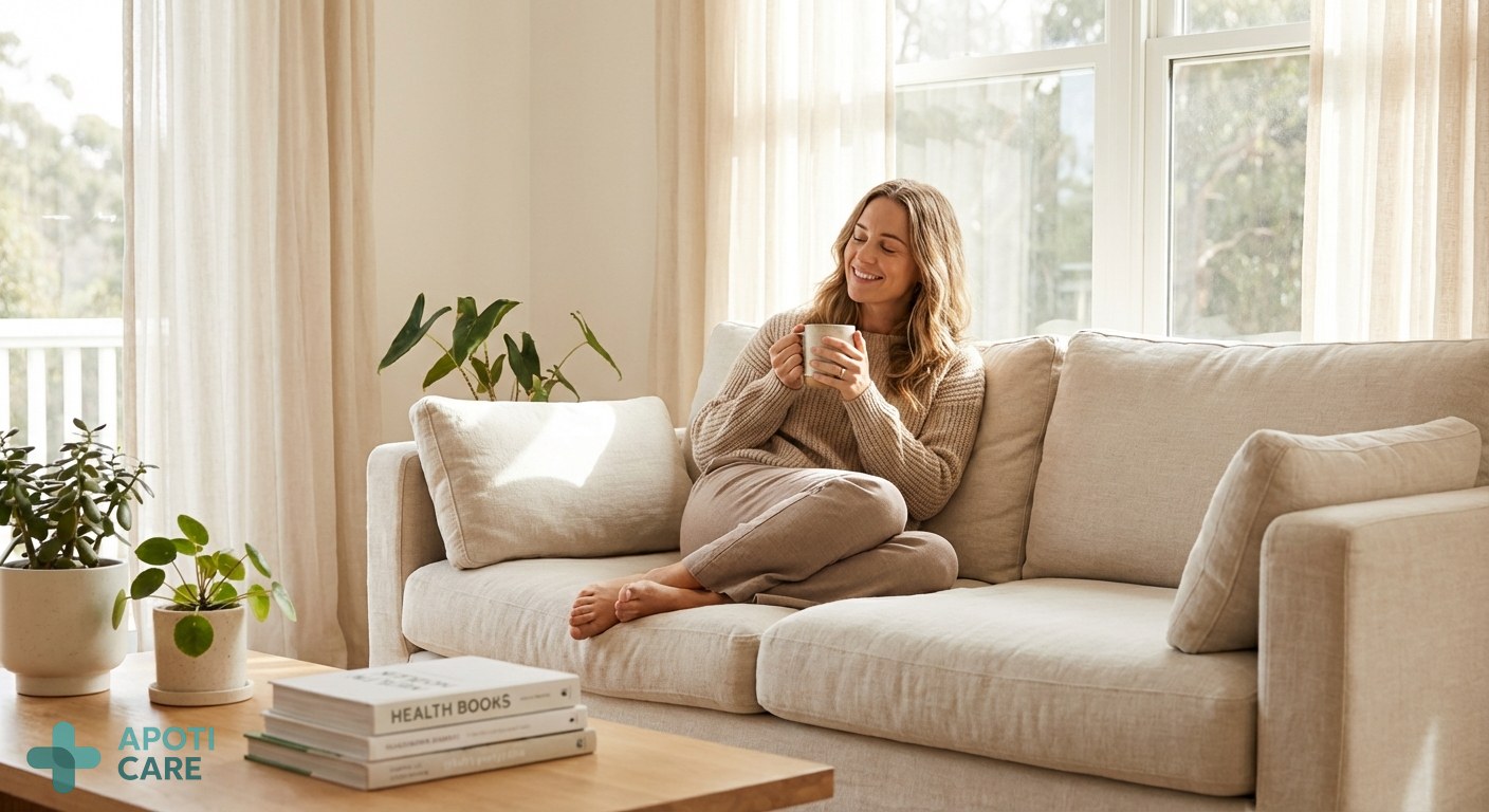 A professional woman in her 30s relaxing on a comfortable sofa in a bright, modern living room, holding a cup of herbal tea, soft spring sunlight filtering through the window, realistic photography style