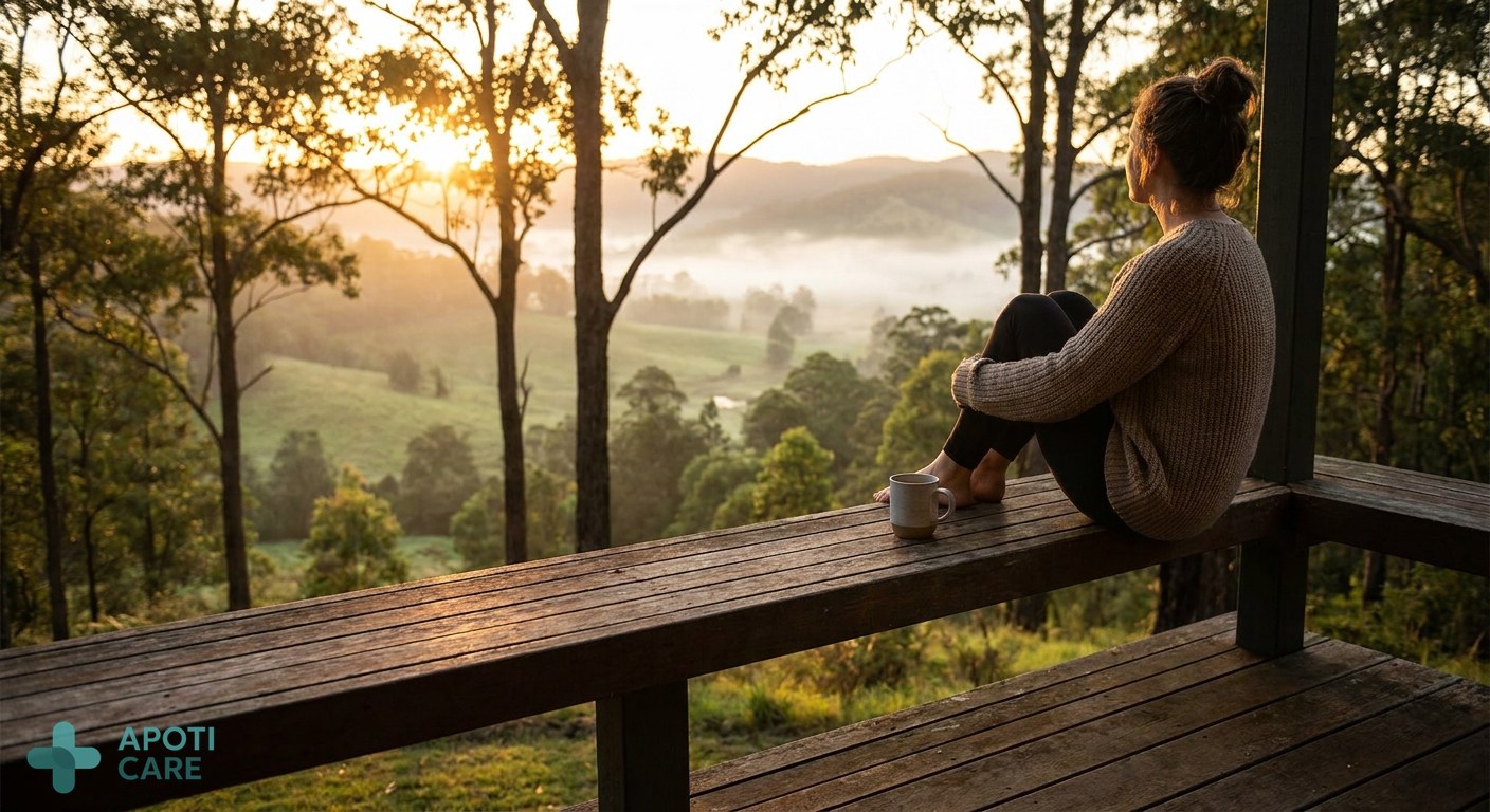 A peaceful outdoor scene at dawn, soft sunlight filtering through trees, a calm person sitting on a wooden deck overlooking a natural landscape, realistic photography style, high quality