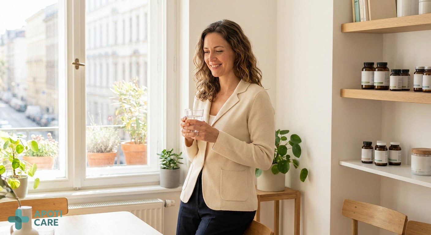 A modern active woman in her 30s, professionally dressed but relaxed, standing near a window with soft summer sunlight, holding a glass of water, symbolizing a healthy lifestyle and biological reset.