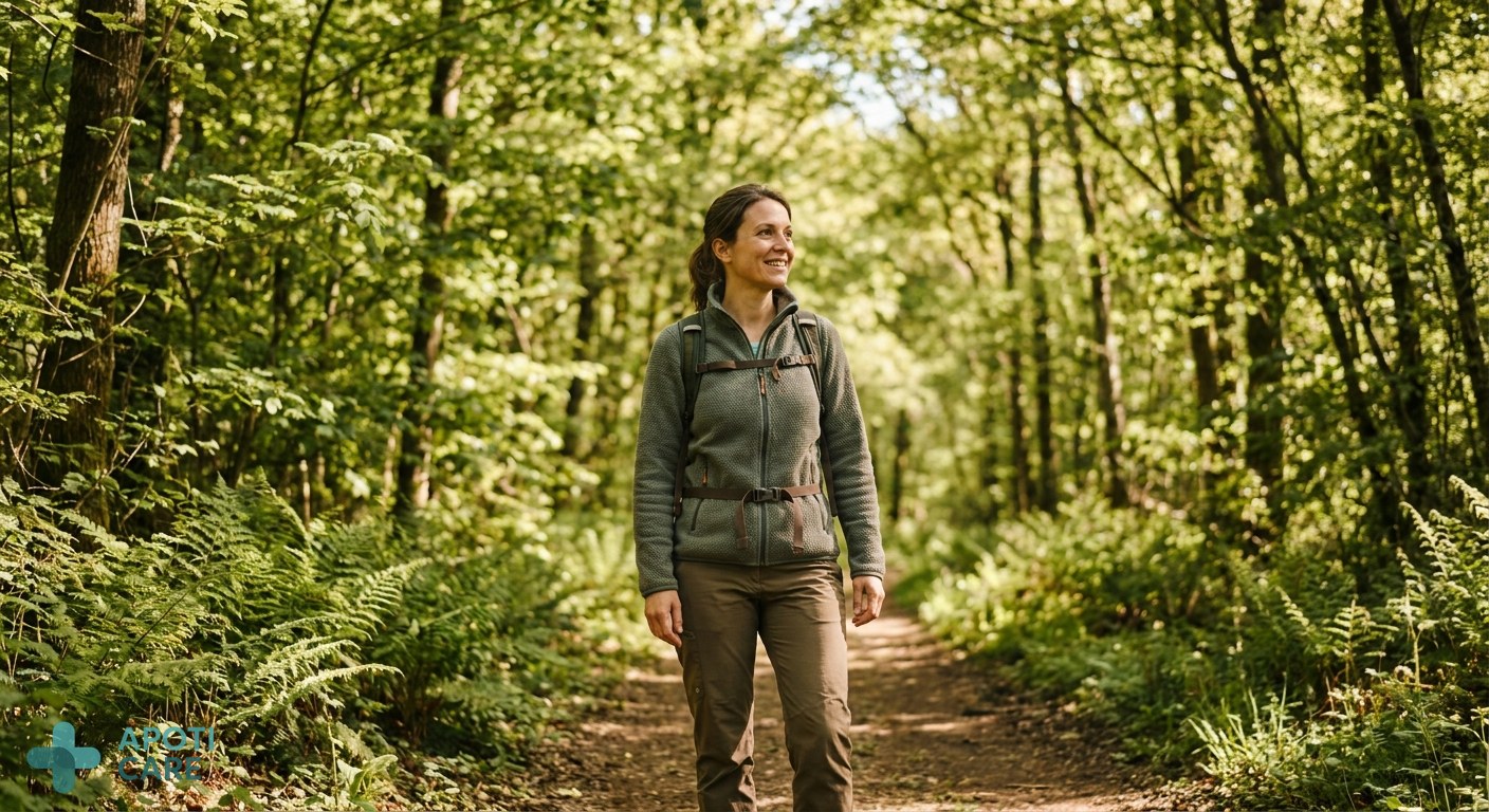 A realistic high-quality photo of an active 35-year-old professional hiking in a lush green forest during a sunny spring day, wearing light outdoor gear, looking refreshed.