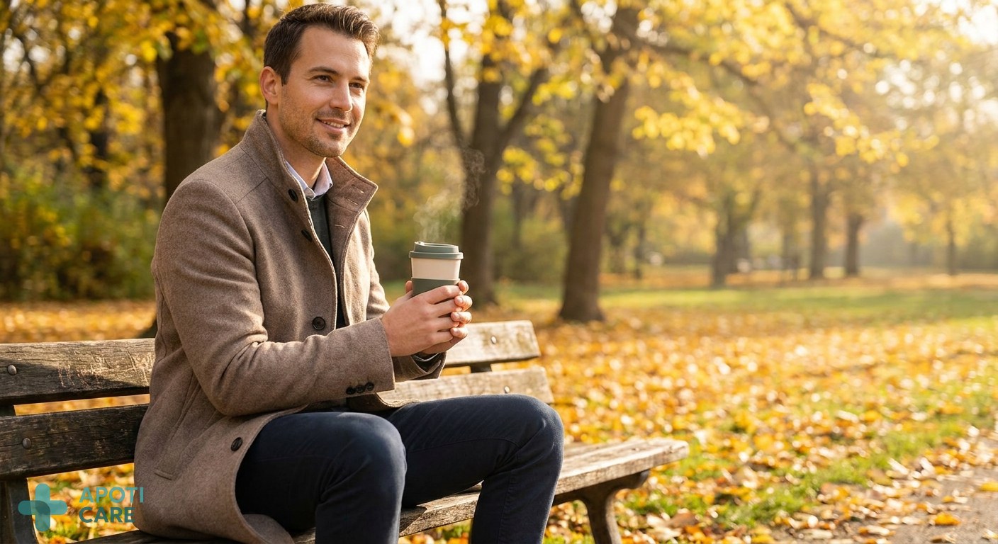 A peaceful autumn morning scene in a park with golden leaves, a professional person sitting on a bench with a warm tea, soft natural morning light, realistic photography style