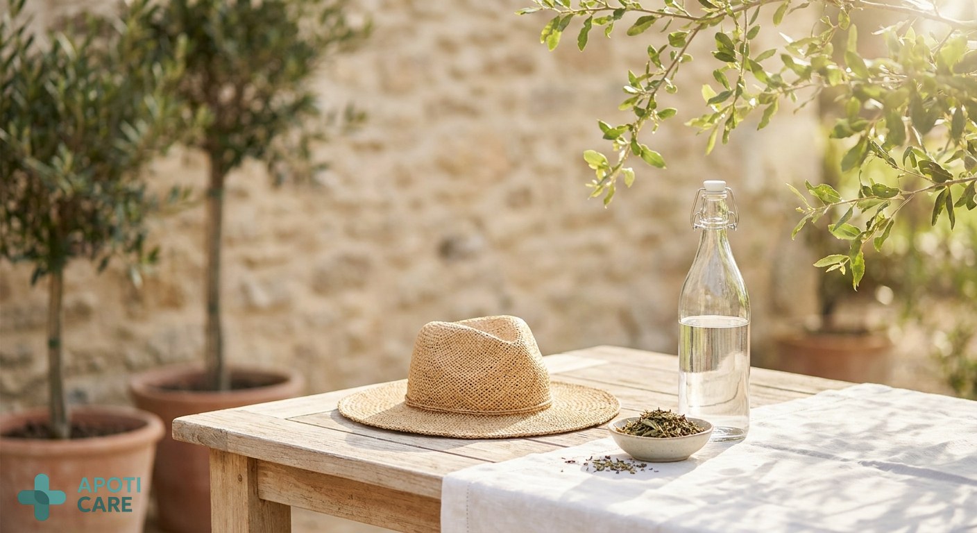 A peaceful outdoor scene with a wooden table, a sun hat, and a bottle of mineral water, soft spring sunlight filtering through green leaves, high-end lifestyle photography
