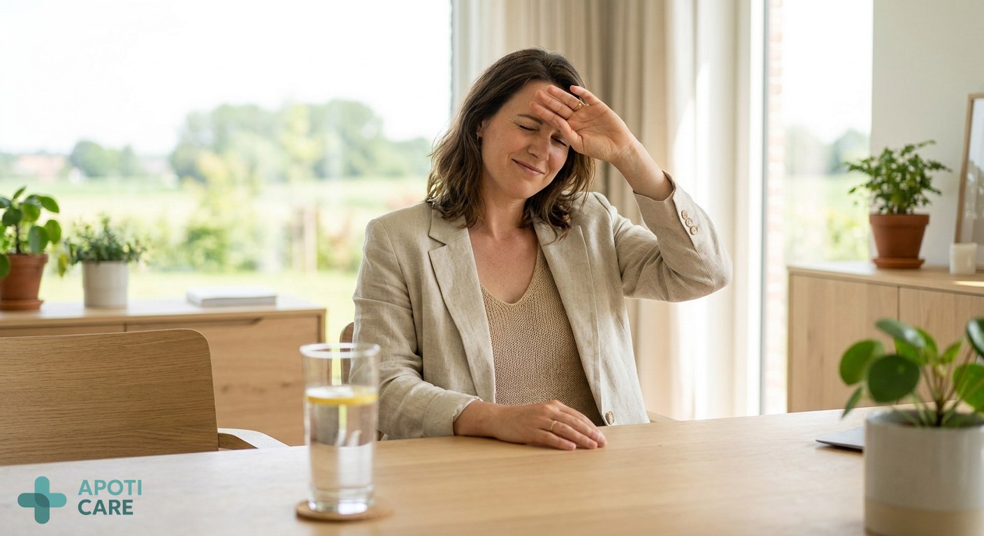A professional person in their 30s sitting in a bright, modern office, looking slightly overwhelmed by the sunlight, with a large glass of water on the desk and a window showing a sunny June landscape.