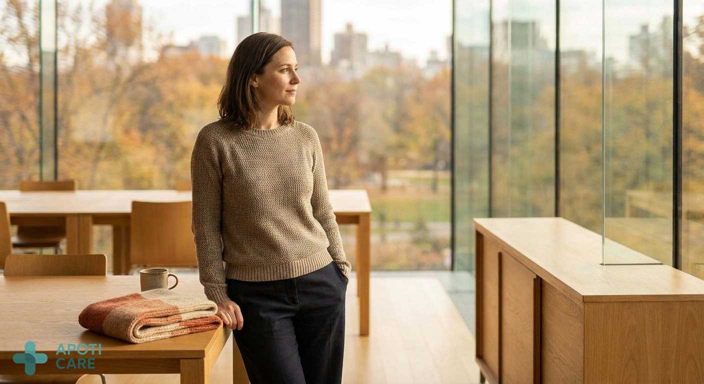 A professional person in their 30s looking calmly out of a window in a modern office, a warm scarf nearby, soft autumn light, realistic photography style