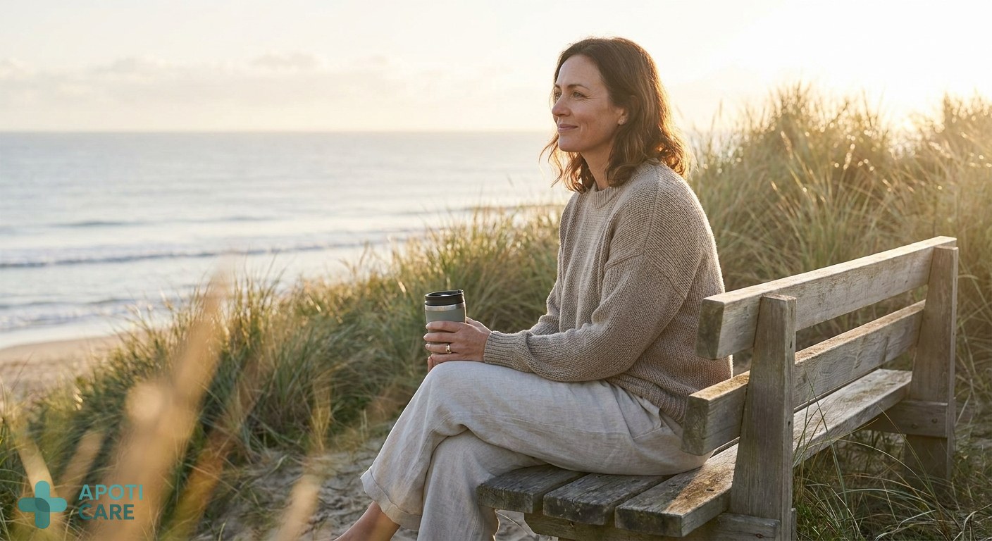 A calm professional person sitting by the ocean, looking at the horizon, realistic photography, soft morning light, serene atmosphere