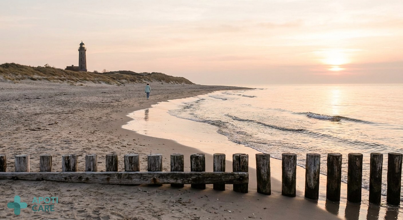 A serene coastal landscape at sunset in France or Belgium, with soft sunlight reflecting on the water, emphasizing a peaceful summer atmosphere.