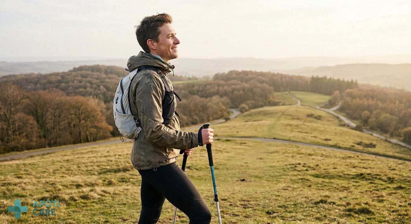 A person in their late 30s, athletic attire, standing on a scenic hilltop during a sunny spring day in the Ardennes or French countryside, looking at the horizon, realistic photography