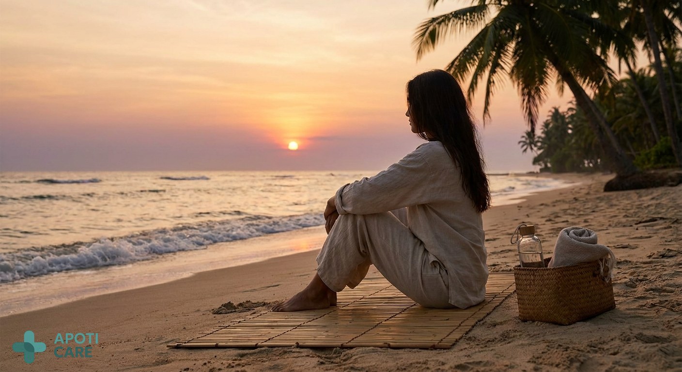 A peaceful tropical beach at sunset with a person practicing yoga or meditation, emphasizing serenity and recovery