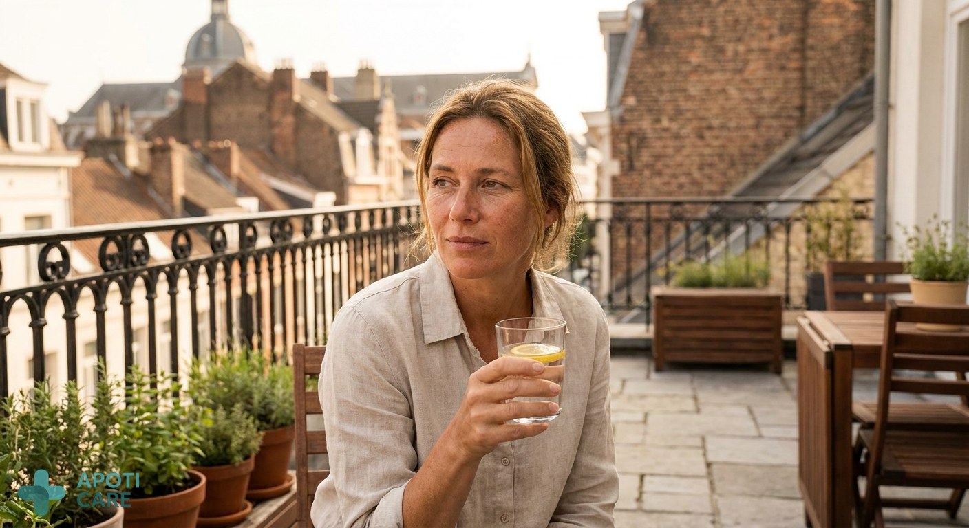 A professional 35-year-old woman relaxing on a sunny terrace in Brussels, holding a glass of water, skin looking slightly sun-kissed but tired, warm summer lighting, realistic photography style