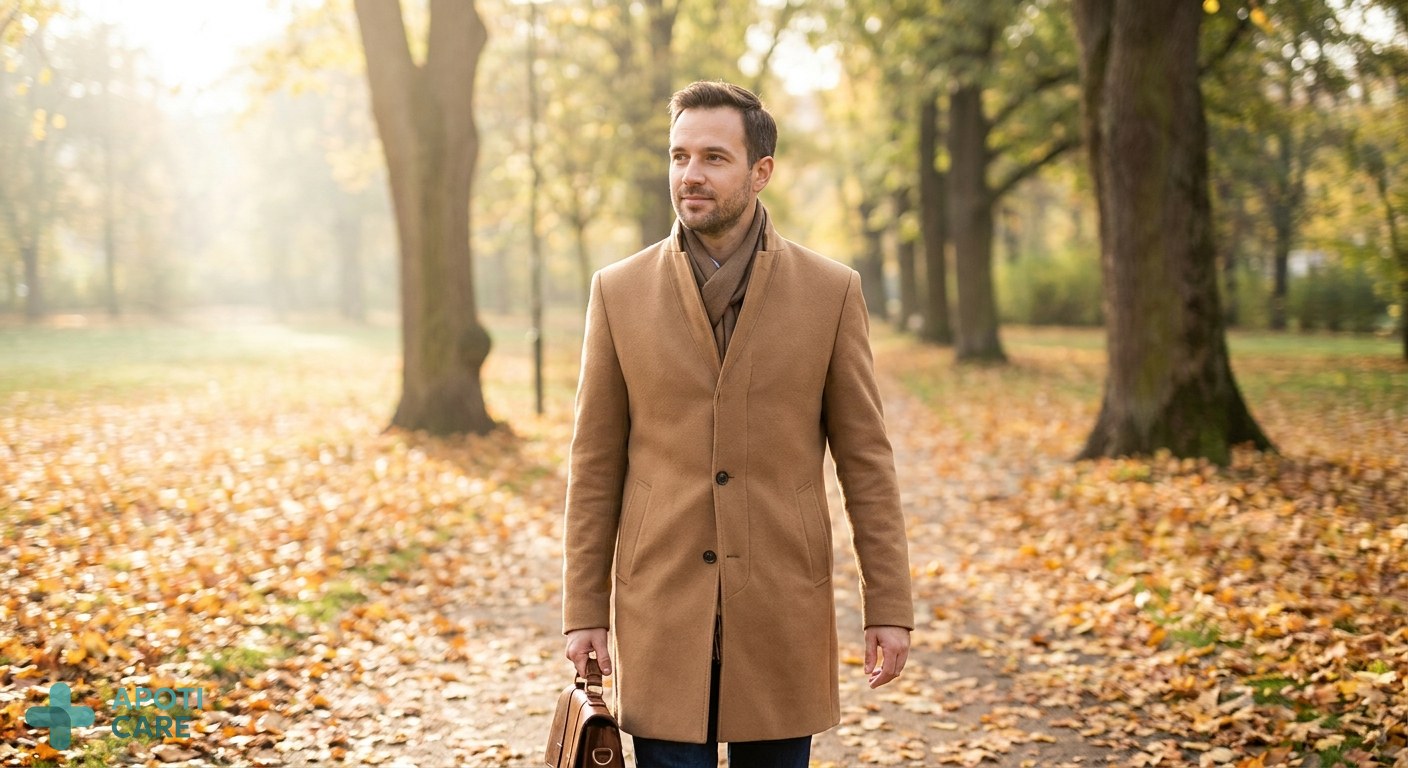 Realistic photography of a professional man in his late 30s walking in a park with autumn leaves, soft morning sunlight, wearing a stylish coat, looking thoughtful and calm.