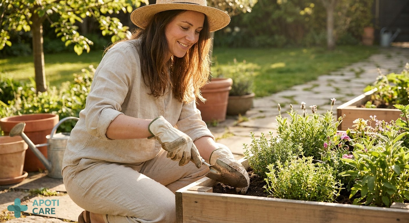 A person in their late 30s gardening in a sunny backyard during spring, wearing gloves and holding a small shovel, looking peaceful but focused.