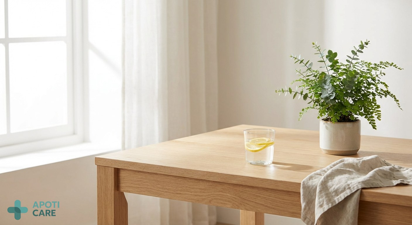 A bright, modern wooden table with a glass of lemon water, a green plant, and soft morning sunlight filtering through a window, evoking a fresh spring start.