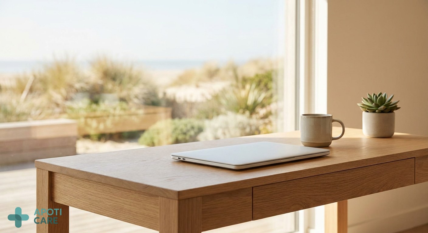 A high-end, minimalist wooden desk with a laptop closed, next to a window showing a sunny garden or beach, soft natural light, peaceful atmosphere.
