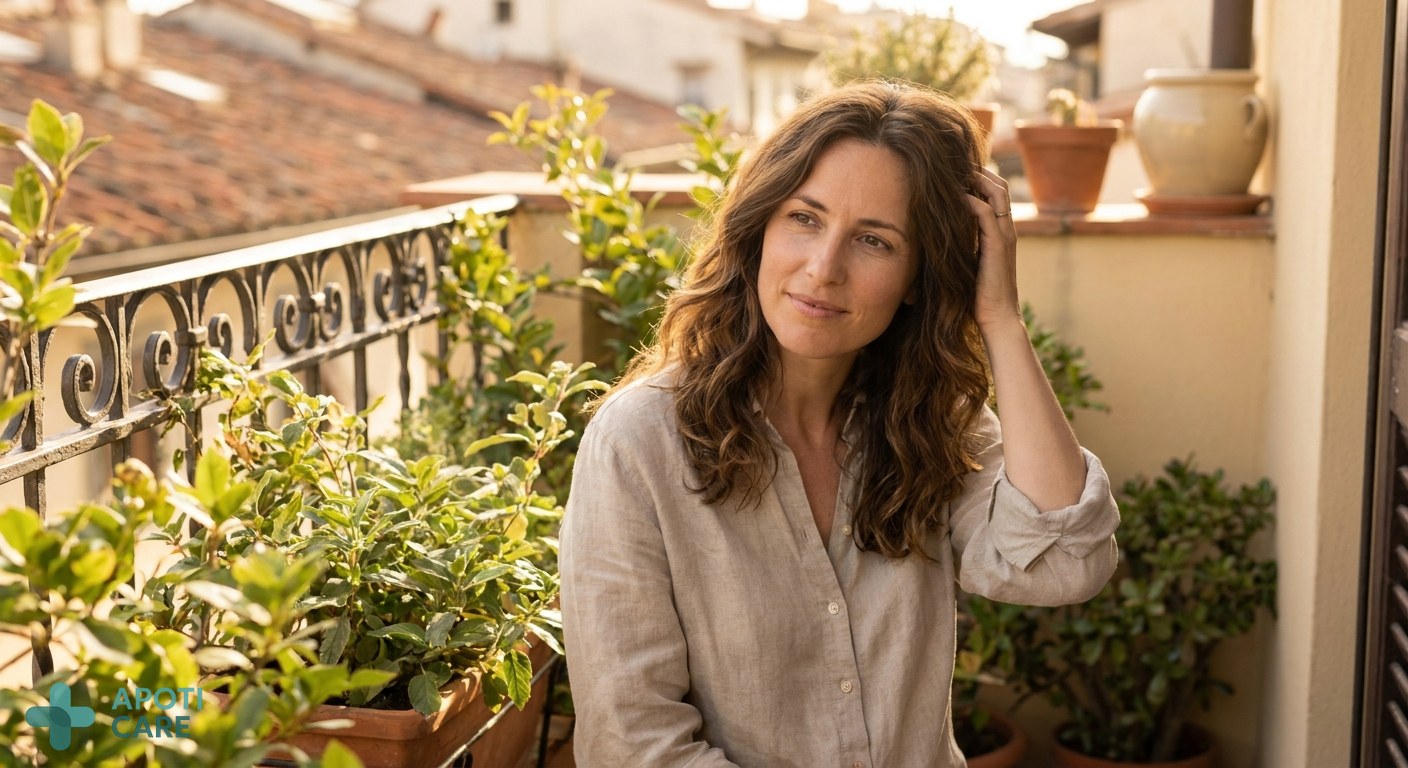 A serene woman in her late 30s sitting on a sunlit balcony, touching her healthy hair, soft summer evening light, high-end lifestyle photography