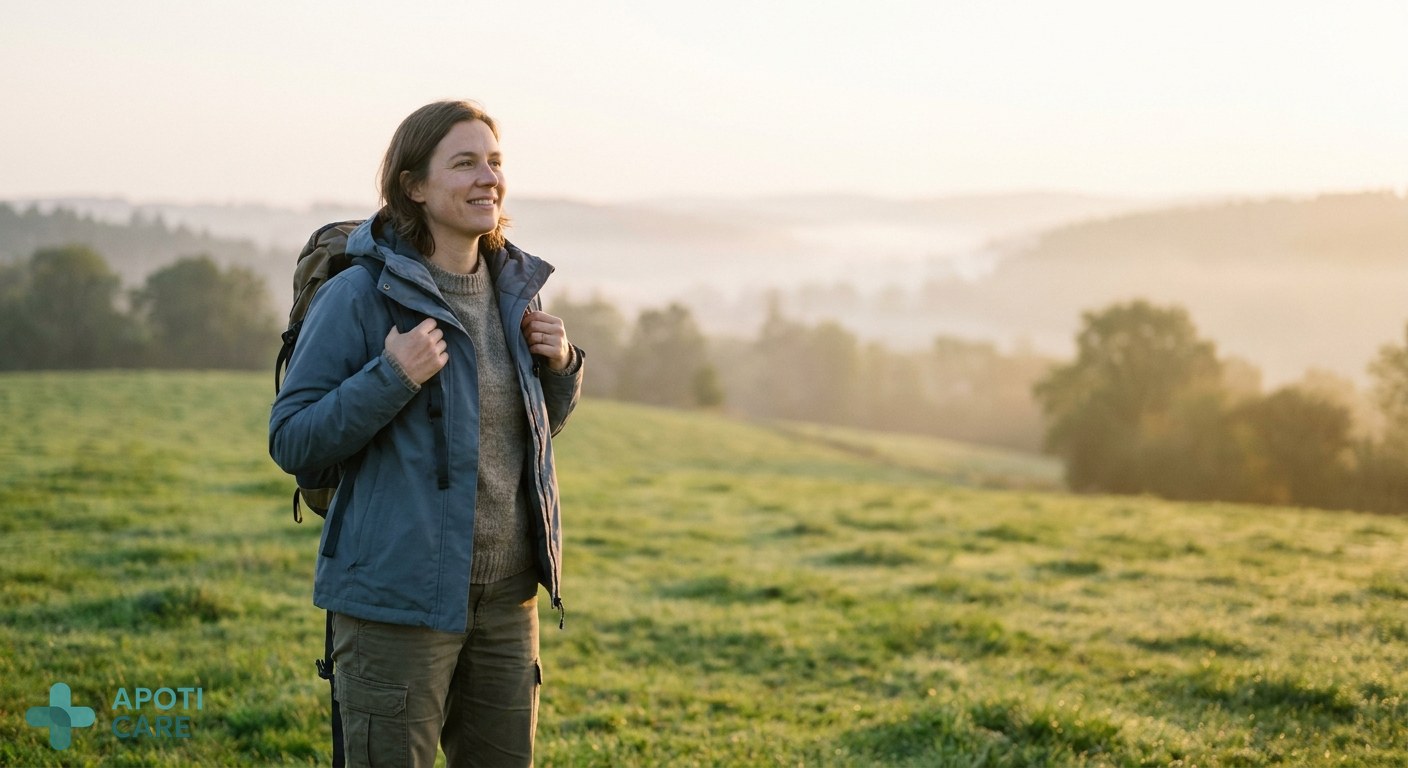 A person in their late 30s, dressed in casual outdoor gear, standing on a green hill overlooking a valley at sunrise, looking peaceful and energized.