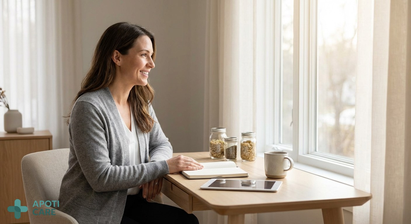 A professional person sitting near a large window with natural morning light, looking refreshed, with a clean and minimalist desk background.