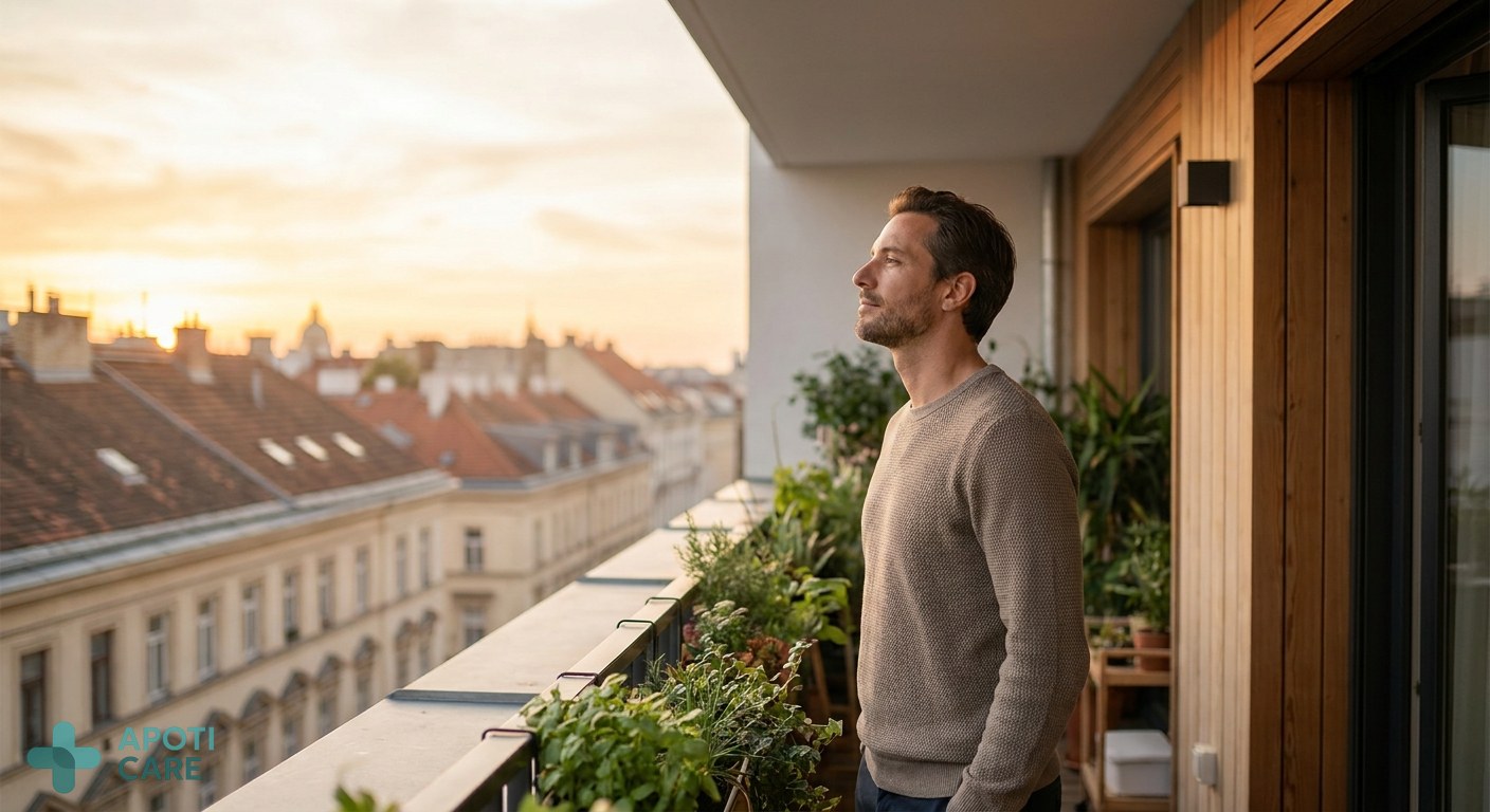 A professional person in their late 30s standing on a balcony overlooking a city at sunset, taking a deep, relaxed breath, realistic photography style.