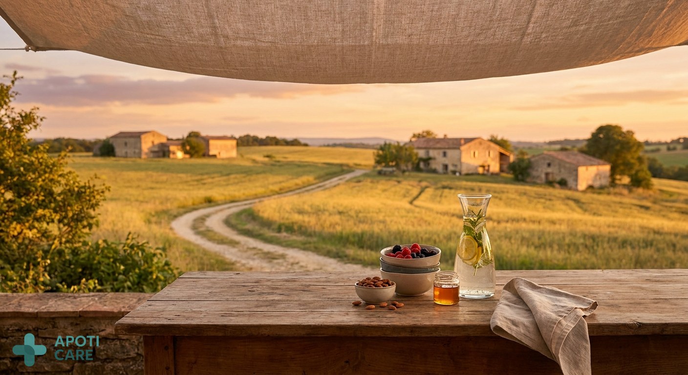 A peaceful sunset over a French countryside field during summer solstice, warm golden hour light, cinematic photography, realistic style.