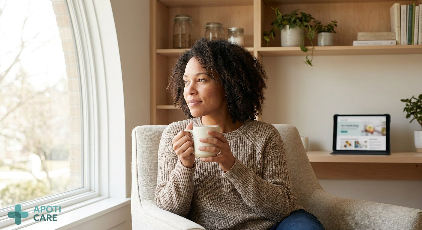 A professional woman in her late 30s sitting by a window with natural spring light, looking thoughtful and serene, holding a ceramic cup, minimalist and modern home office environment, realistic photography style