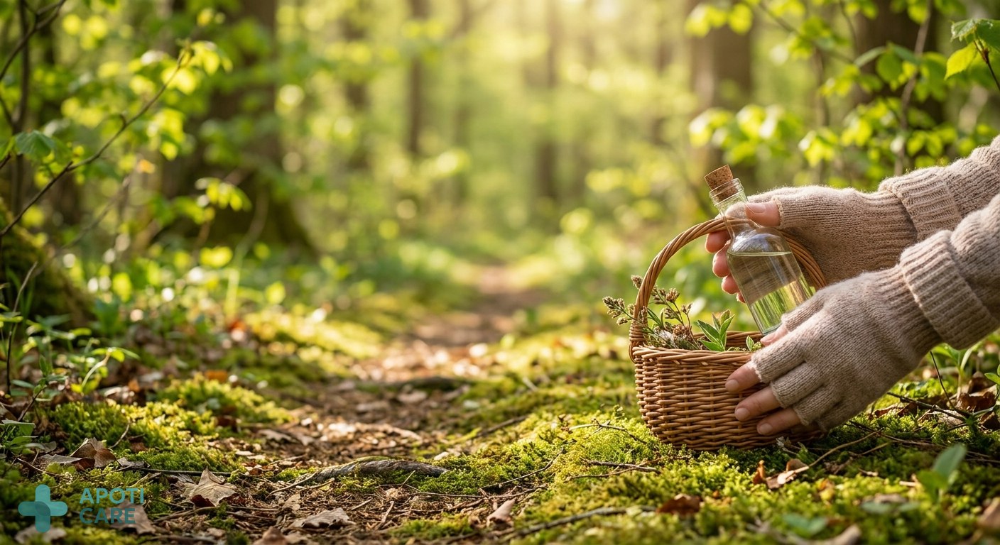 A serene forest path with sunlight filtering through vibrant green leaves in spring, realistic photography style