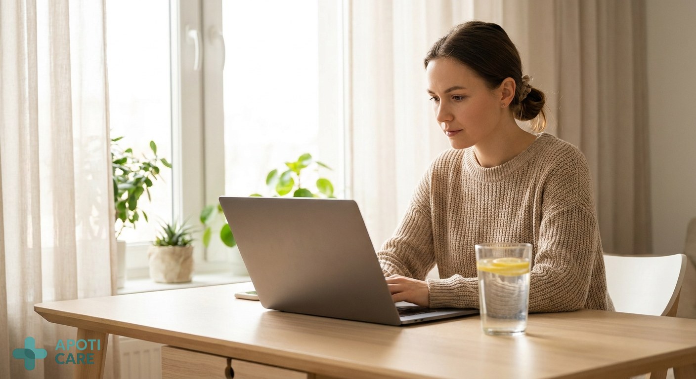 A focused person in their 30s working at a desk with a laptop, a large glass of water with lemon slices, and sunlight streaming through a window, minimalist and calm atmosphere