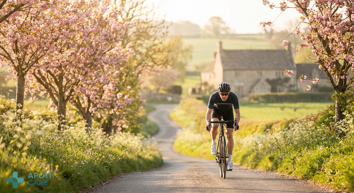 A professional active adult cycling through a blooming spring landscape in the countryside, realistic photography, soft morning sunlight, no text